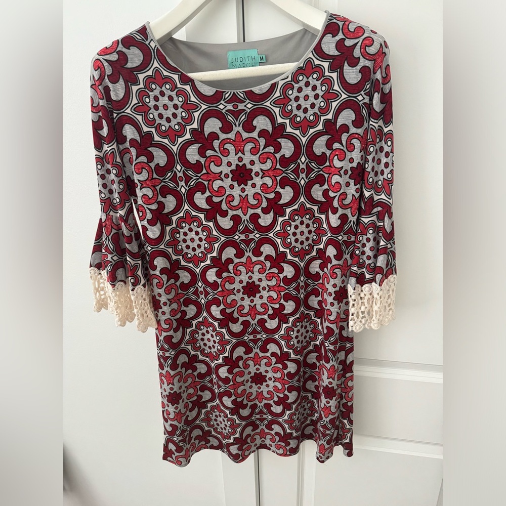 Judith March Lined Bell Crochet Sleeve Sheath Dress
